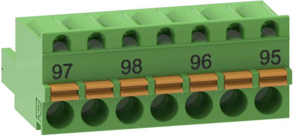 Zelený konektor se šesti očíslovanými svorkami: 95, 96, 97, 98. Vhodný pro elektrické zapojení.