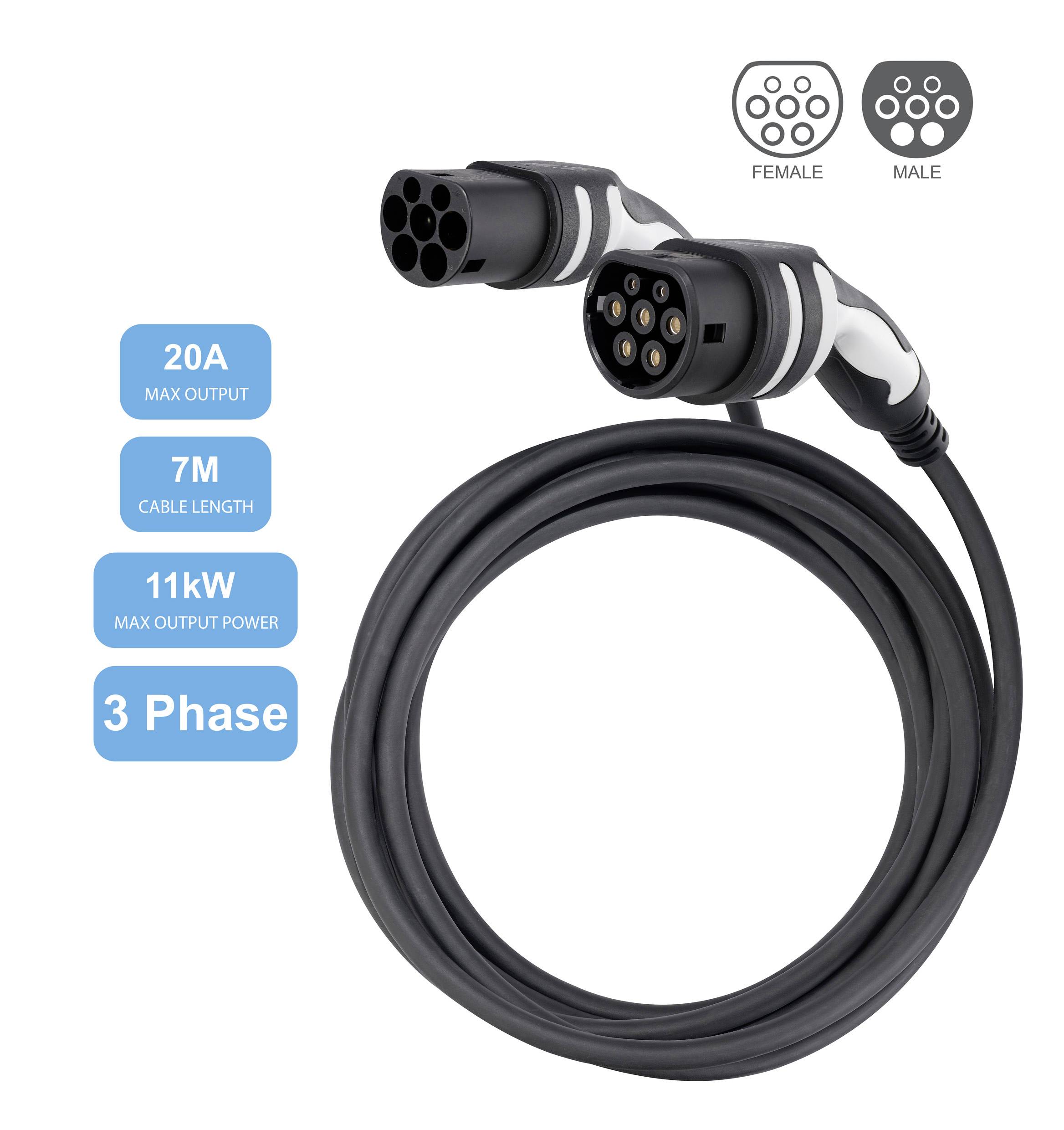 Nabíjecí kabel pro elektromobily, délka 7 m, maximální proud 20 A, výkon 11 kW, třífázový, s mužskou a ženskou přípojkou.