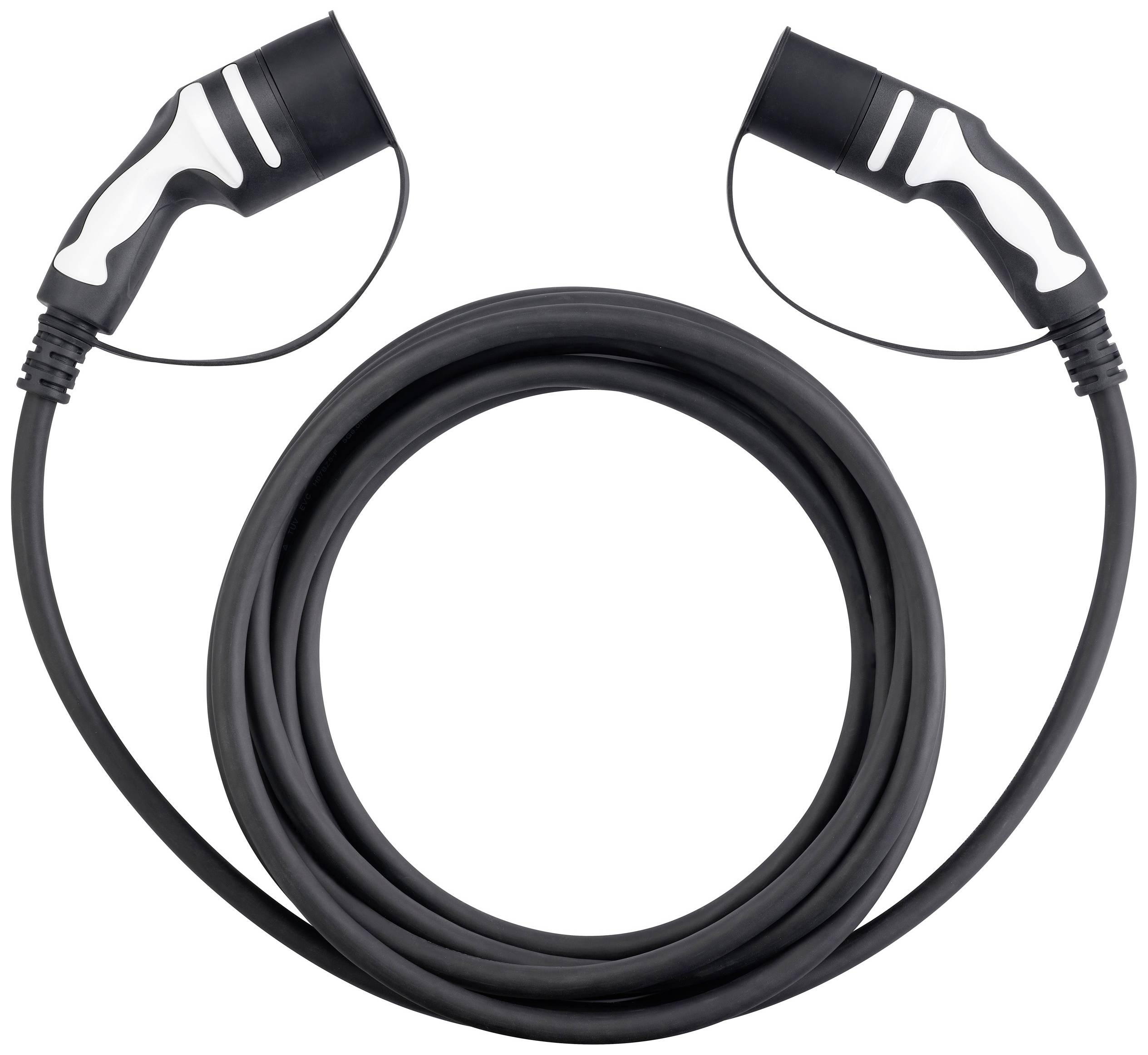 Černý nabíjecí kabel pro elektromobily se dvěma identickými konektory na obou koncích, stočený do spirály.