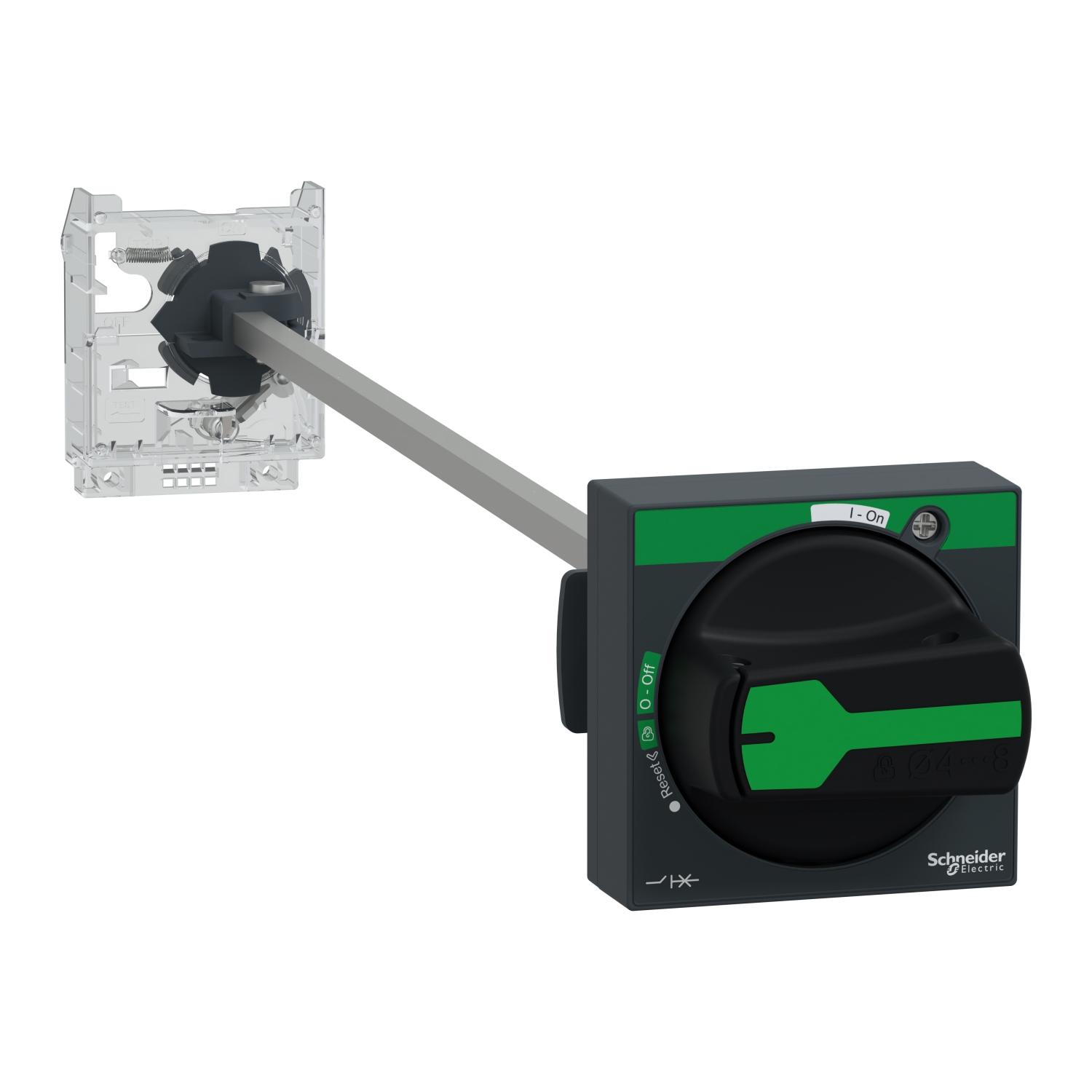 Černý rotační hlavní vypínač od Schneider Electric se zelenou rukojetí. Zobrazuje polohu 'I-O/I-VYPNUTO'. Mechanismus a spínač jsou zobrazeny odděleně.
