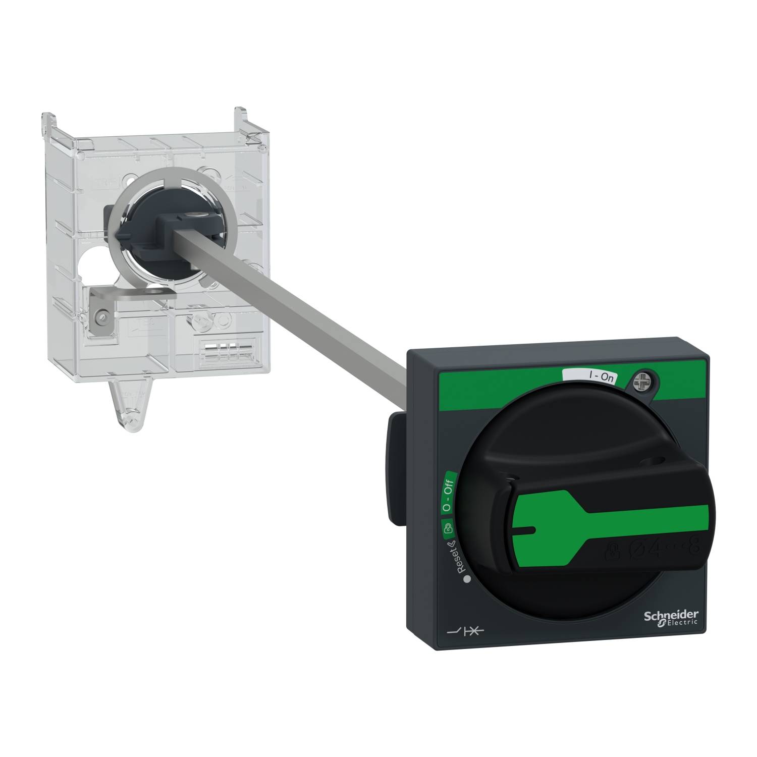 Elektrický spínač od Schneider Electric vykazuje čtvercovou základnu s kulatým zeleným ovládacím otočným knoflíkem.