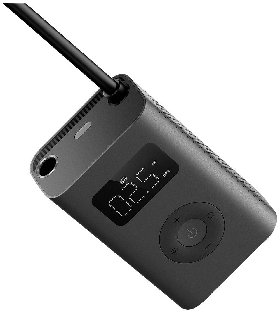 Přenosná digitální vzduchová pumpa s displejem zobrazujícím '025 PSI'. Čtyři ovládací tlačítka pod ním, černá hadice umístěná vlevo.