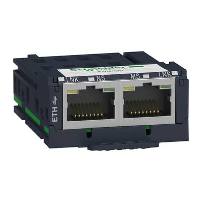 Dva ethernetové porty v černém modulu s zelenými a šedými značkami. Nad nimi je vytištěno 'ETH'.