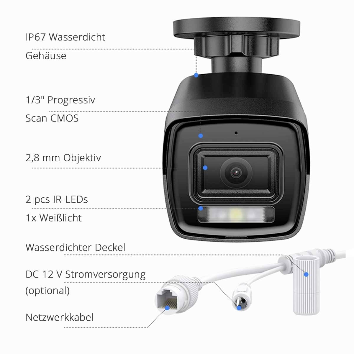 'IP67 vodotěsné pouzdro, 1/3" progresivní skenování CMOS, 2,8 mm objektiv, 2 IR LED, 1x bílé světlo, napájení DC 12V (volitelné), síťový kabel.'