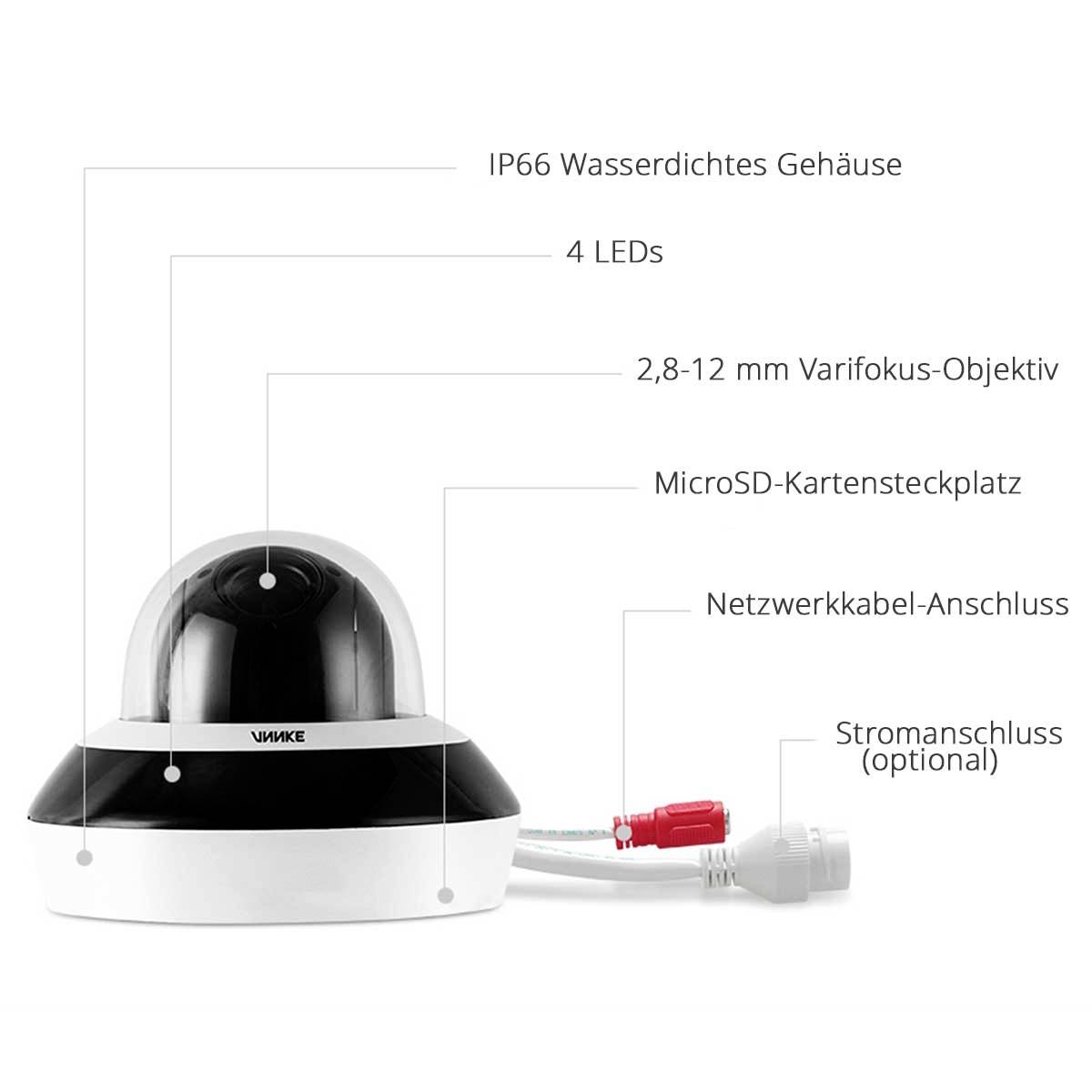 Bezpečnostní kamera s vodotěsným krytem IP66, 4 LED diodami, variofokálním objektivem 2,8-12 mm, slotem pro microSD kartu, síťovým a volitelným napájecím připojením.