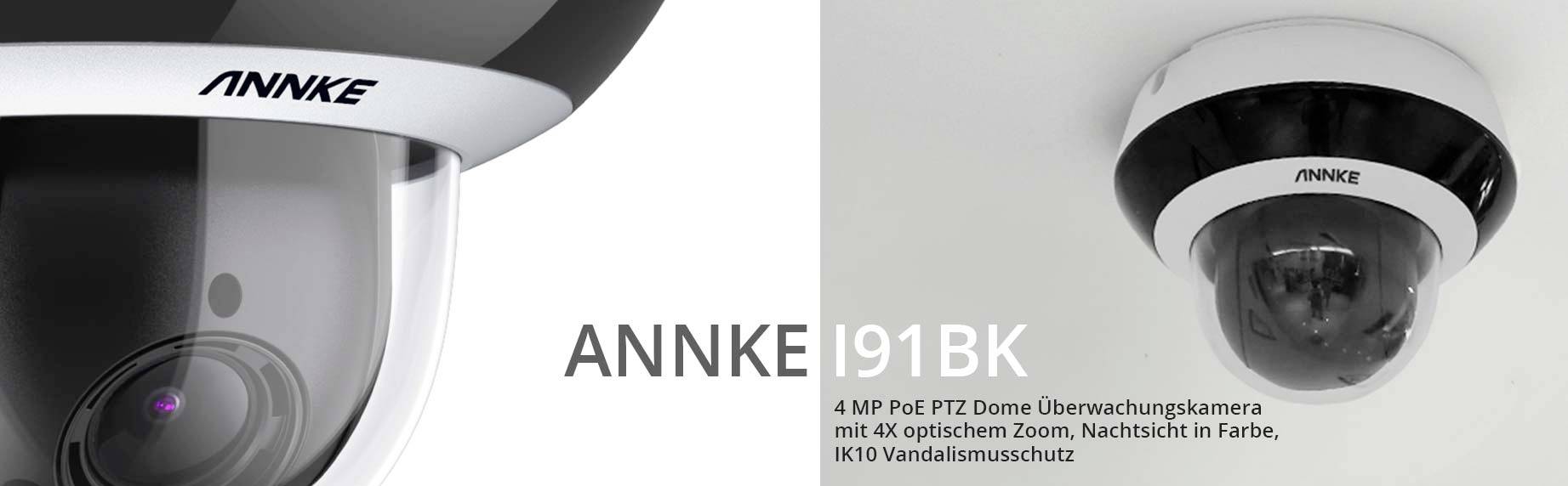 Bezpečnostní kamera 'ANNKE I91BK', 4 MP PoE PTZ kopulovitá, 4x optický zoom, noční vidění v barvě, IK10 ochrana proti vandalismu.