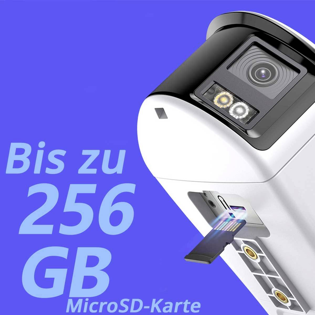 Kamera s MicroSD slotem; Text: 'Až 256 GB MicroSD karta'.