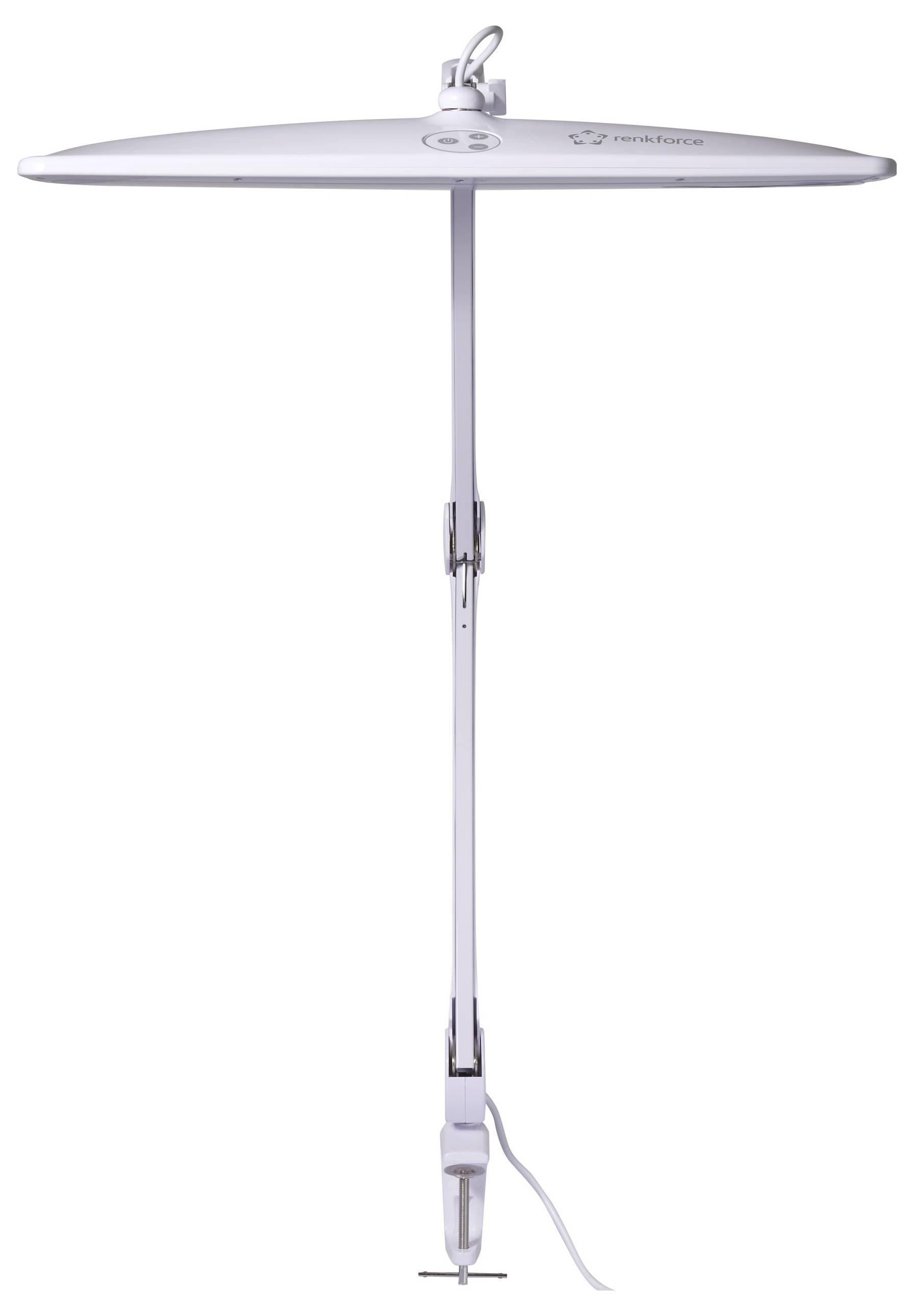 Bílá stolní lampa s kruhovým stínítkem a dlouhým nastavitelným ramenem; upevňuje se pomocí šroubové svorky.