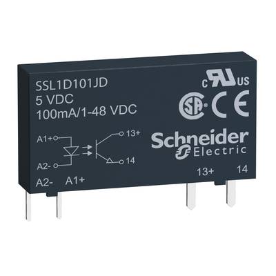 'Schneider Electric polovodičové relé, model SSL1D101JD, 5 VDC, 100mA/1-48 VDC, s certifikacemi, logy a schématem zapojení.'