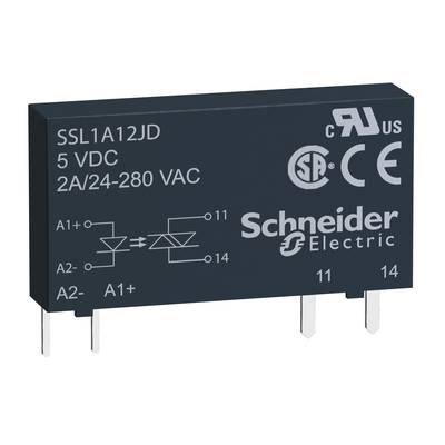 Černé statické relé od Schneider Electric s technickými údaji a symboly na přední straně, včetně CE a UL certifikačních značek.
