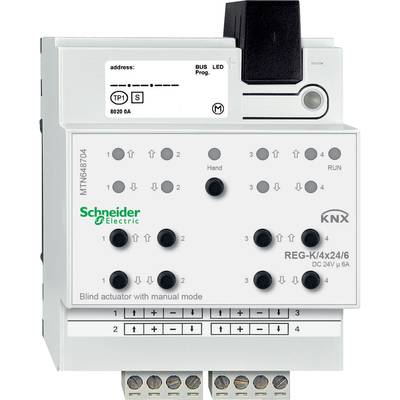 Elektrické zařízení od Schneider Electric, KNX žaluziový aktor. Nabízí manuální programování, má LED indikátor a několik připojovacích svorek.