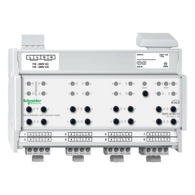 Obrázek KNX žaluziového aktoru od společnosti Schneider Electric. Zařízení zobrazuje připojovací svorky a ovládací prvky pro řízení žaluzií.