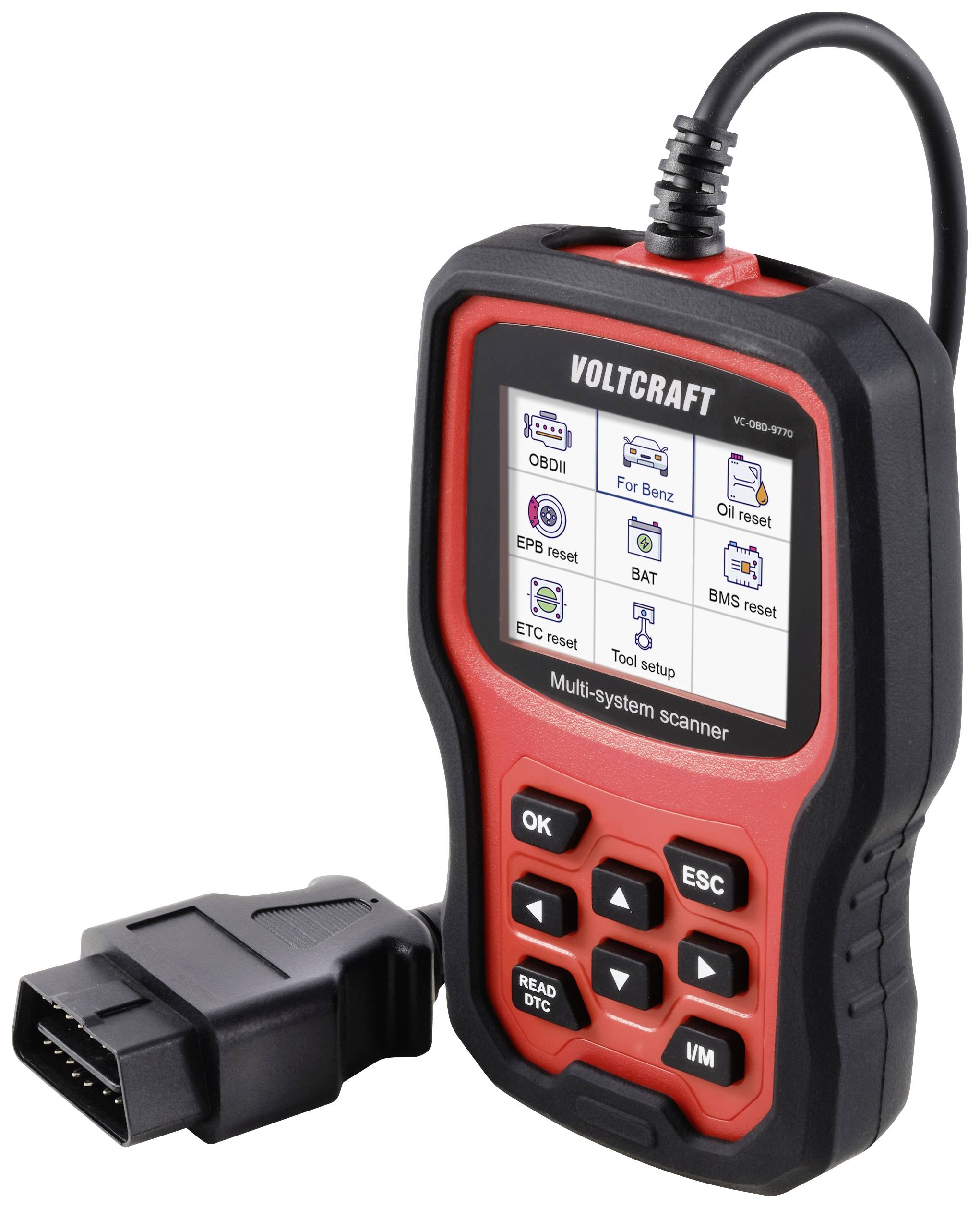 Diagnostické zařízení OBD-II s displejem, zobrazující nabídkové možnosti pro diagnostiku vozidla. Tlačítka pro navigaci a výběr diagnostiky jsou umístěna dole.