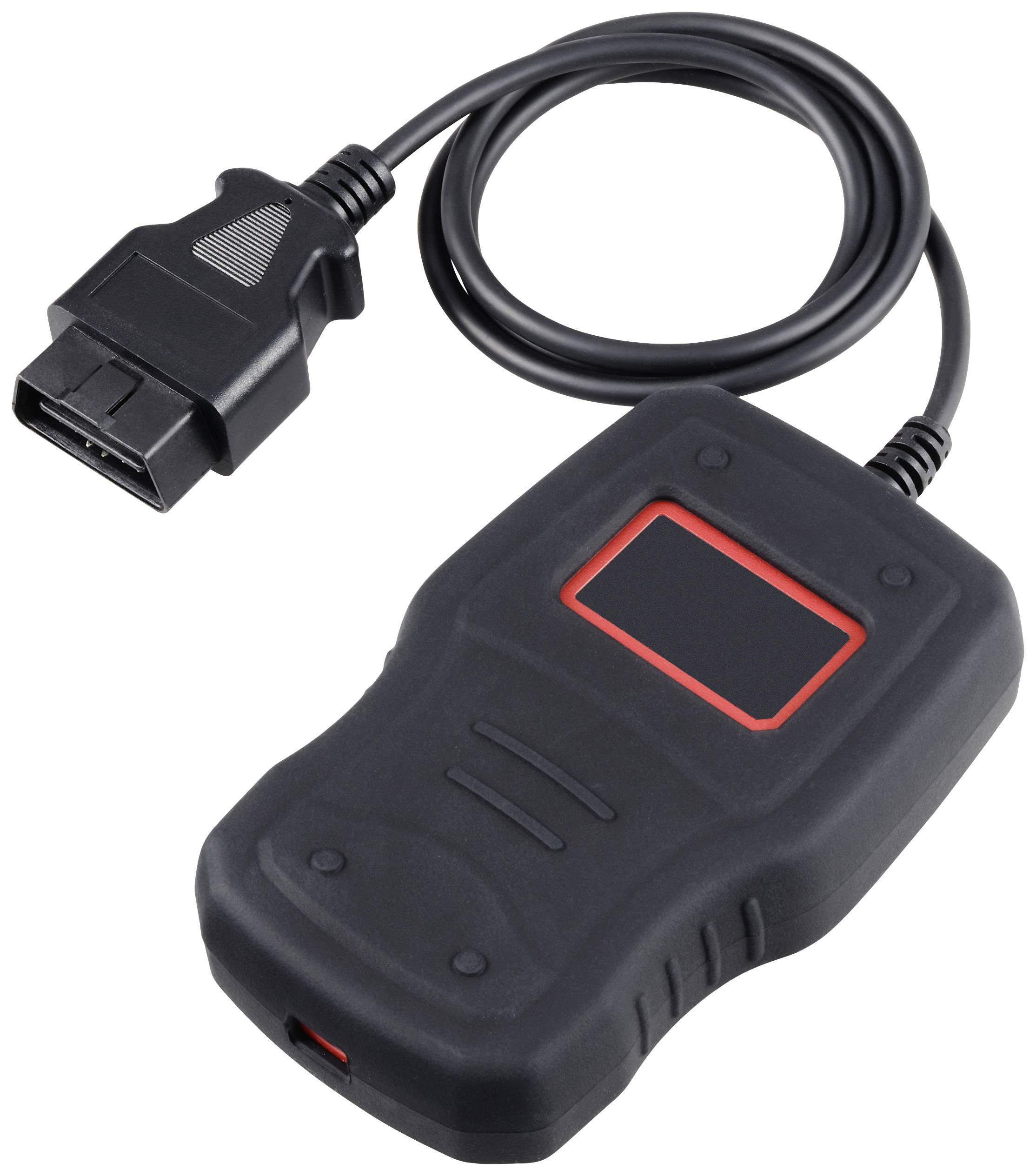 Černý OBD2 diagnostický scanner s kabelem a konektorem pro diagnostiku vozidel. Obdélníkový design s červeným okrajem kolem displeje.