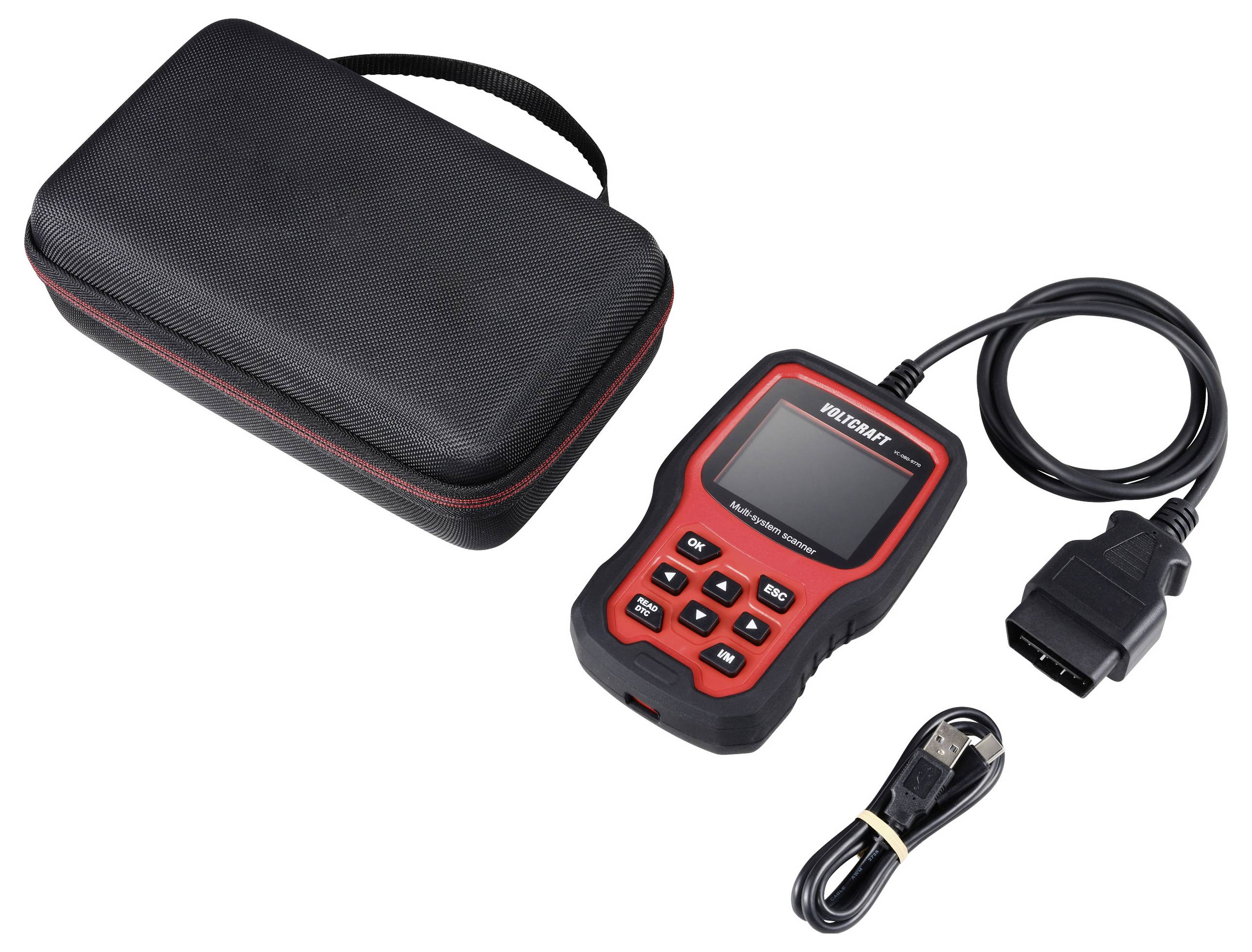 Černý a červený automobilový diagnostický přístroj s displejem a tlačítky, vedle černého pouzdra a USB kabelu.