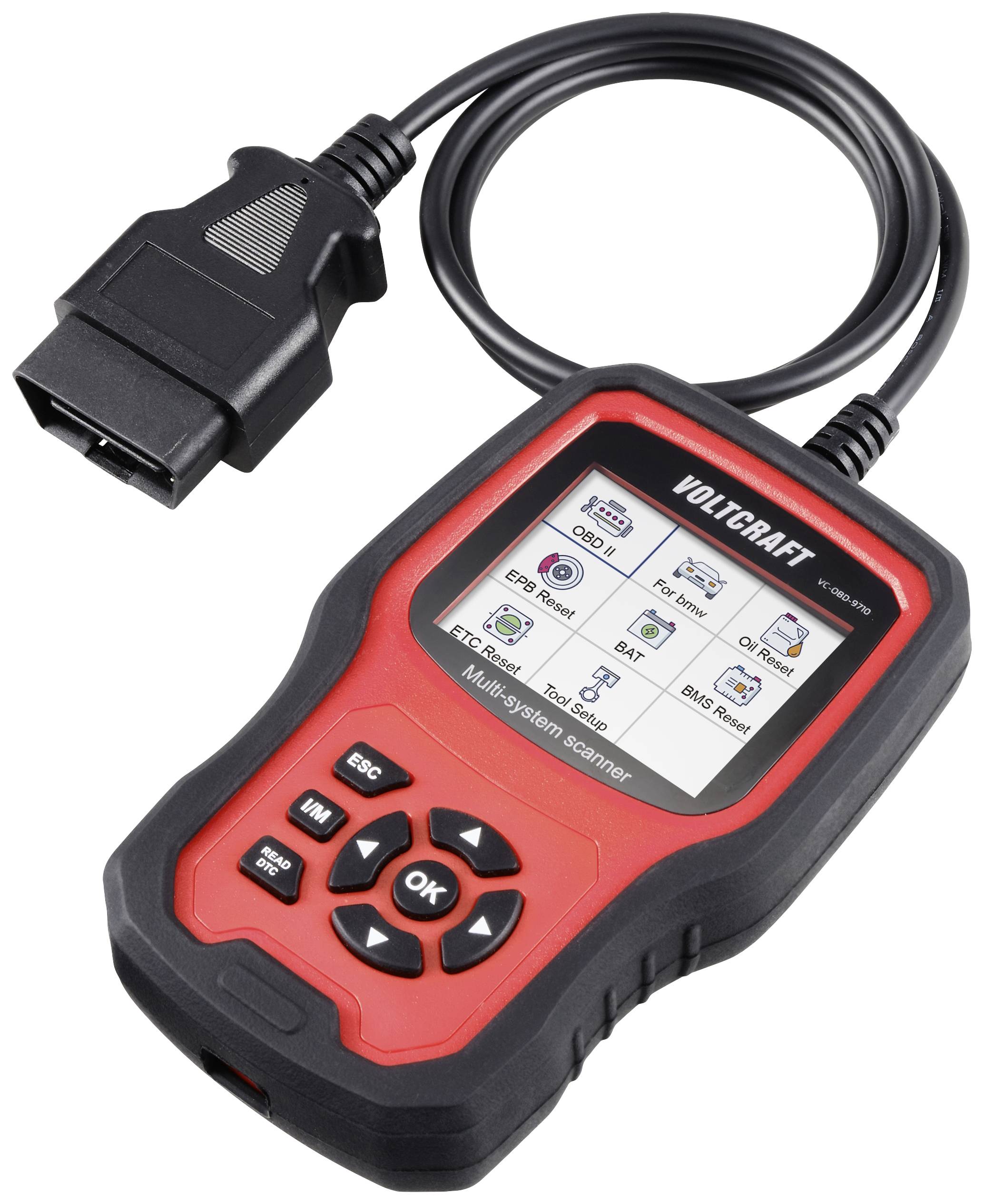Červená diagnostická OBD2 jednotka s displejem zobrazuje různé automobilové systémy pro diagnostiku závad. Má tlačítka pro navigaci.