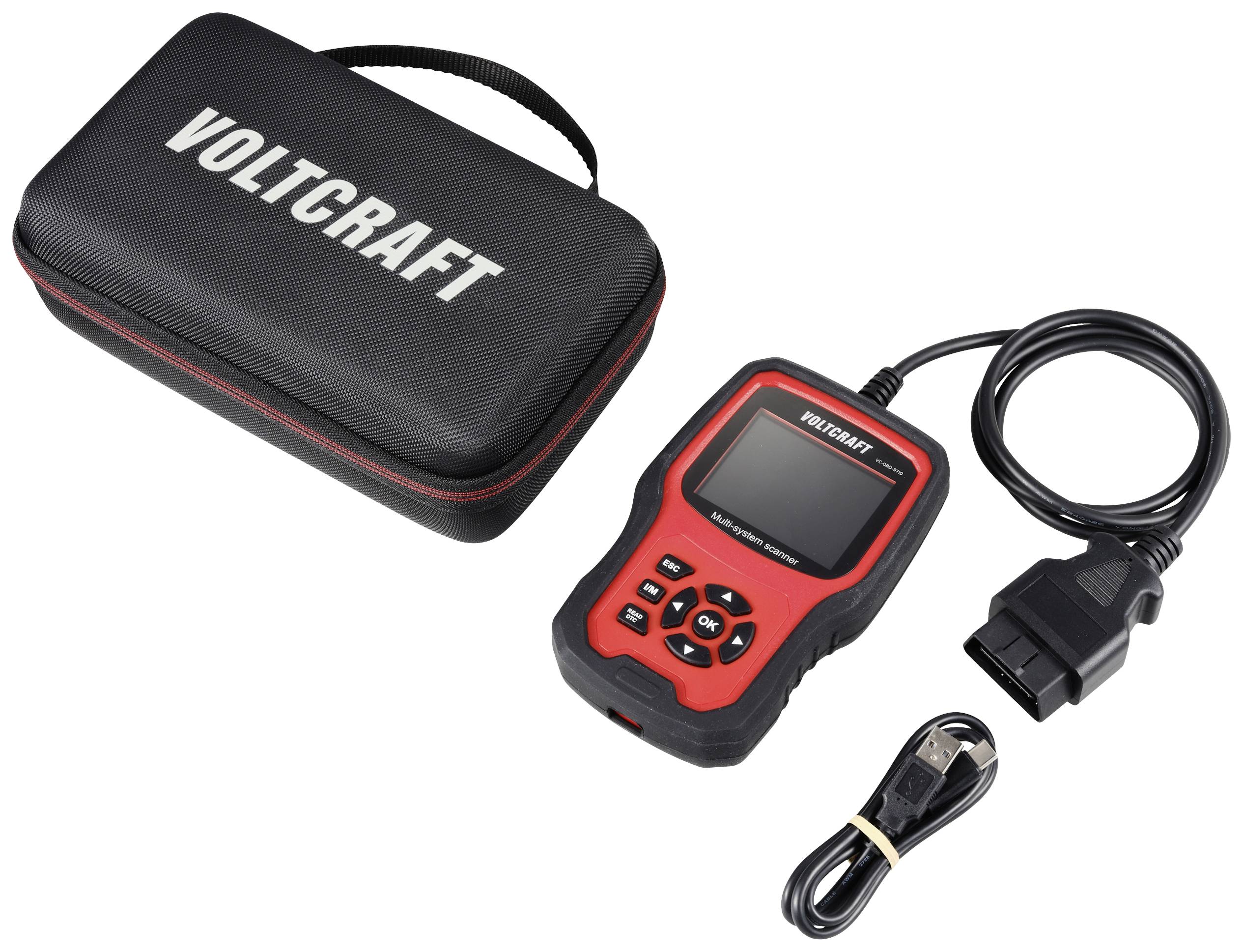 Diagnostické zařízení OBD2 VOLTCRAFT pro diagnostiku vozidel s kabelem a ochranným pouzdrem. Hlavní funkce zahrnují čtení chybových kódů.