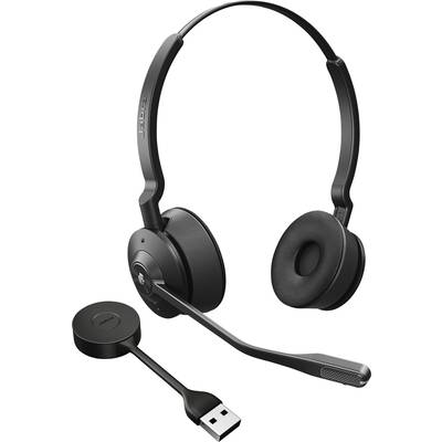 Černá bezdrátová sluchátka se dvěma reproduktory a nastavitelným mikrofonem, vedle nabíjecího USB kabelu.