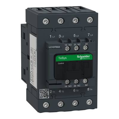 'Schneider Electric TeSys stykač, model LC1DT80A, s několika šroubovacími svorkami vpředu a QR kódem, pro průmyslové aplikace.'