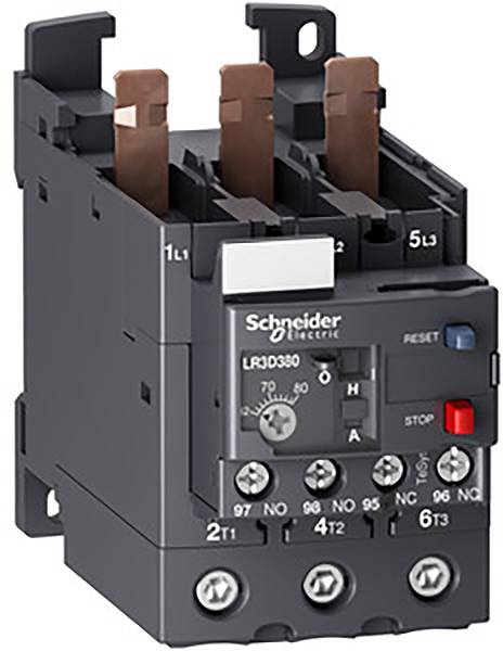 Elektrické ochranné relé společnosti Schneider Electric, model LR3D380, s hnědými konektory a ovládacími tlačítky na přední straně.