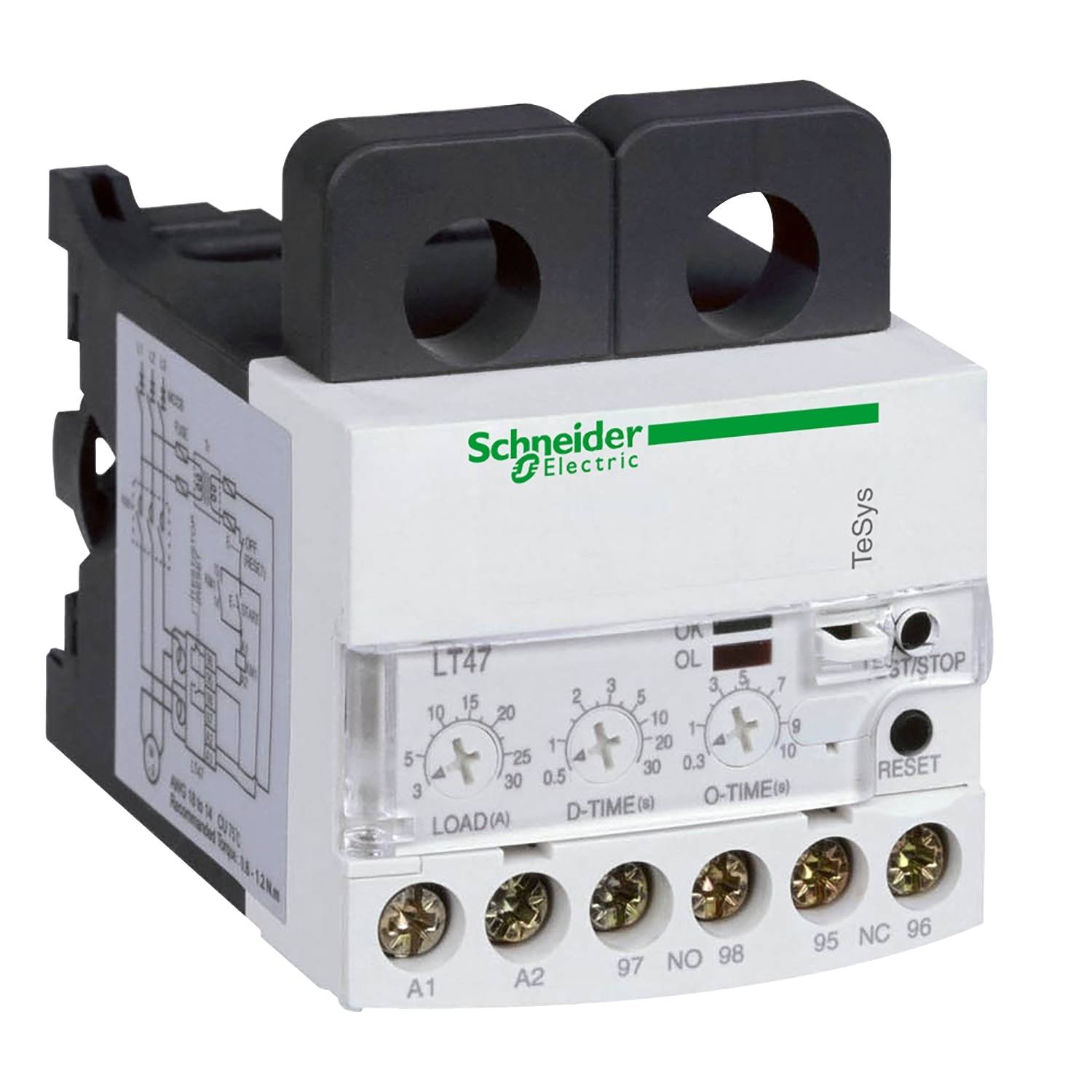 Bílé relé Schneider Electric TeSys s několika připojovacími svorkami a dvěma otočnými regulátory pro nastavení času na přední straně.