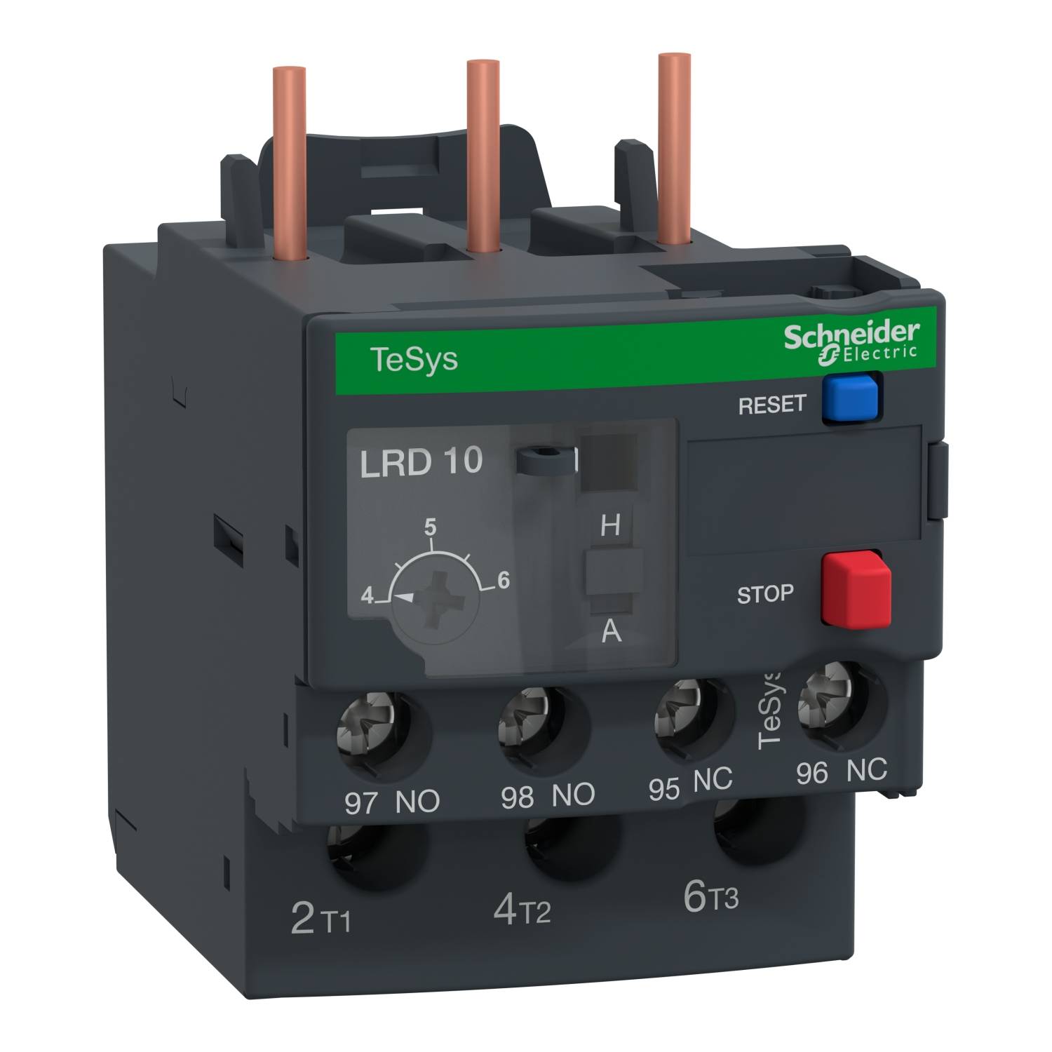 Černé elektrické relé se zeleným a červeným spínačem. Označeno štítkem 'TeSys' a 'Schneider Electric'. Číslo modelu 'LRD 10'.
