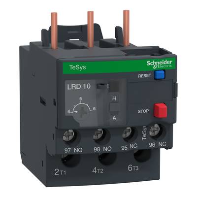Černé elektrické relé se zeleným a červeným spínačem. Označeno štítkem 'TeSys' a 'Schneider Electric'. Číslo modelu 'LRD 10'.