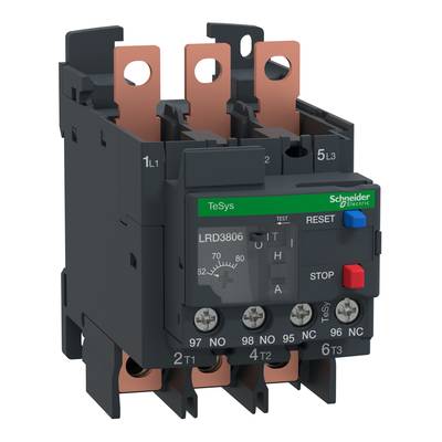 Elektronické tepelné nadproudové relé značky Schneider Electric, černé s zelenými a modrými tlačítky, model LRD3806.