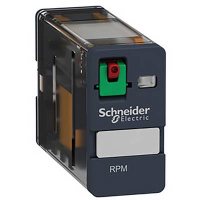 Černošedé elektrické zařízení s červeným tlačítkem na přední straně, potisk 'Schneider Electric' a nápis 'RPM'.