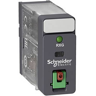 Šedé průmyslové relé značky Schneider Electric s nápisem 'RXG'. V popředí se nachází různé symboly.