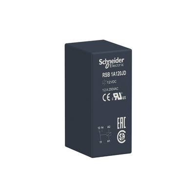 Obdélníkové relé od Schneider Electric, model RSB1A120JD, 12V DC, 1,2A, 250V AC. Certifikáty: CE, EAC, cRUus, CSA.