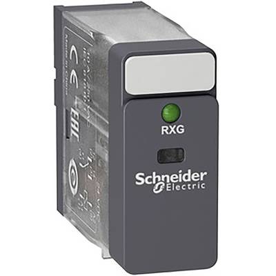 Spínací relé od Schneider Electric se zeleným indikátorem RXG a označením CE na boku.