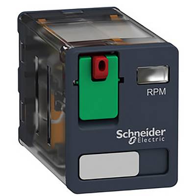 Černý spínač Schneider Electric RPM s green tlačítkem a červeným bodem, umístěný v transparentním pouzdře.