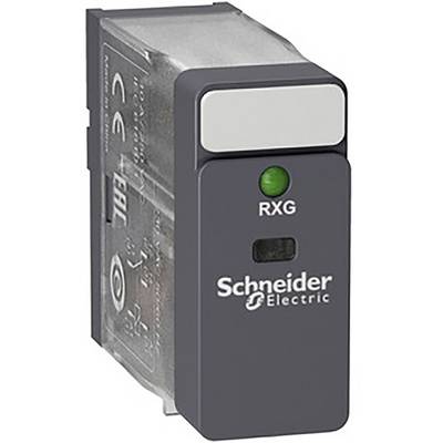 'Relé RXG od Schneider Electric' – Malé, obdélníkové elektrické spínací zařízení s logem značky a bílým tlačítkem nahoře.