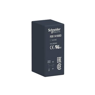 Černé výkonové ochranné relé od Schneider Electric, model RSB1A160BD, vhodné pro 24 V DC, 16 A, 250 V AC s několika certifikacemi.