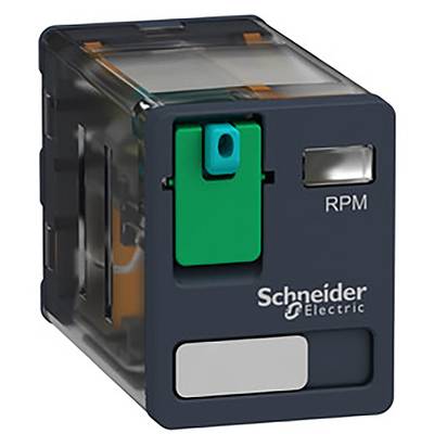 Relé společnosti Schneider Electric RPM, obdélníkového tvaru, se zelenou pákou a průhledným pouzdrem, po straně průhledné pro pohled na vnitřní mechanismus.