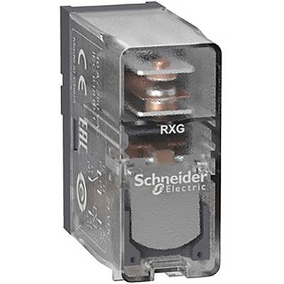 Hranatý, průhledný elektrický relé s nápisem 'Schneider Electric RXG'.