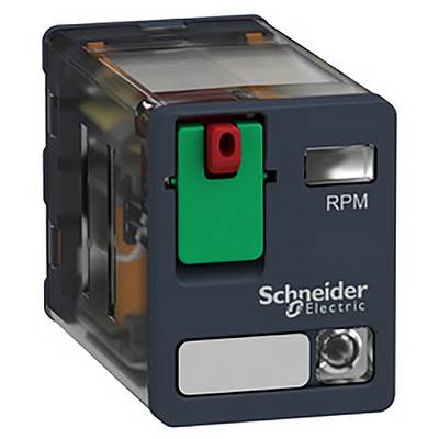 Elektrický relé spínač se zeleným a červeným tlačítkem, označený nápisem 'RPM' a 'Schneider Electric'.