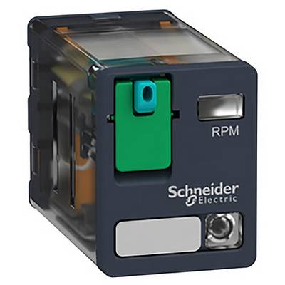 Obdélníkový černý reléový modul od Schneider Electric. Nápis 'RPM' je viditelný nahoře vpravo na přední straně.