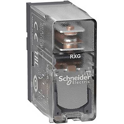 Průhledné relé od společnosti Schneider Electric s nápisem 'RXG'. Viditelné měděné cívky a plastový kryt.