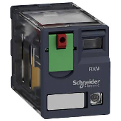Černé relé s průhledným pouzdrem a zeleným spínačem. Potisk: 'Schneider Electric RXM'.