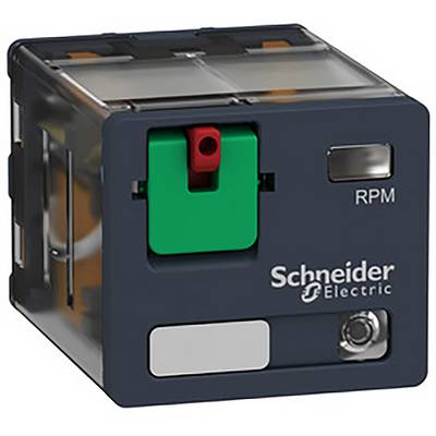 Černé elektrické relé značky Schneider Electric se zeleným a červeným přepínačem a nápisem 'RPM'.