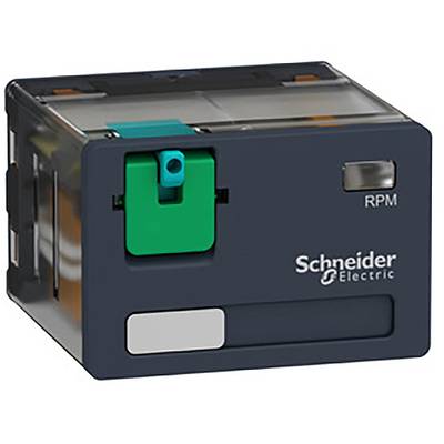 Elektronické zařízení s označením 'Schneider Electric' a 'RPM', tmavě šedý kryt s zeleným a černým spínačem.