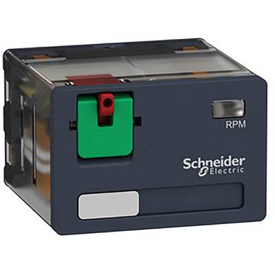Elektrické relé modulu od Schneider Electric, tmavě šedé s zelenou pákou a červenými označeními, model 'RPM'.