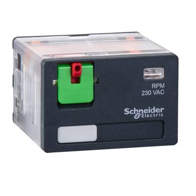 Obrázek zobrazuje elektrické relé značky Schneider Electric, model RPM, s nápisem '230 VAC'.