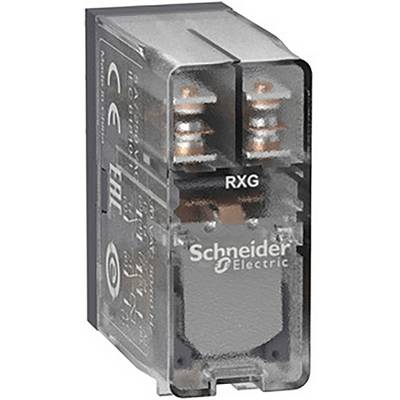 Průhledné relé značky Schneider Electric, model RXG, s viditelnými měděnými cívkami a štítkem na straně.