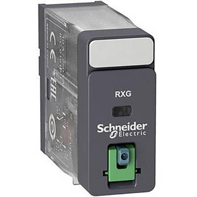 Relé RXG od Schneider Electric se zeleným spínačem a průhledným krytem.