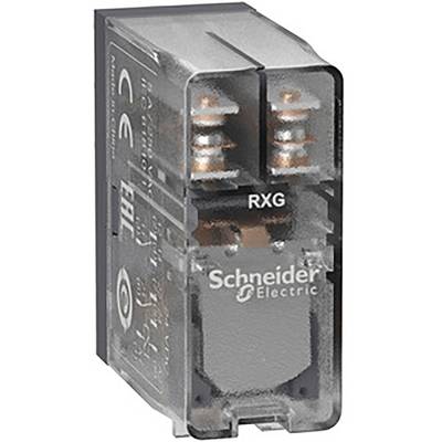 Průhledné relé společnosti Schneider Electric, model RXG. Zobrazuje vnitřní komponenty, jako jsou cívky a svorky.