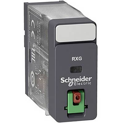 Schneider Electric RXG relé v černé a šedé barvě, se zeleným spínačem a červeným tlačítkem.