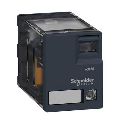 Relé od společnosti Schneider Electric s nápisem 'RXM'. Relé má kompaktní, obdélníkový design s viditelným kontaktním okénkem.